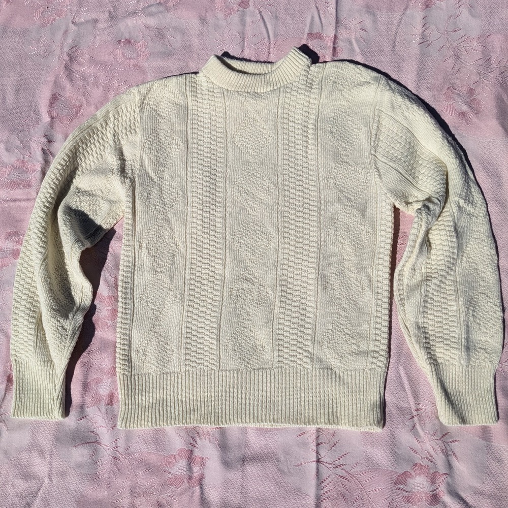Vintage Cream Textured Knit Fisherman Sweater‎ Men's XS Crewneck Pullover 80s